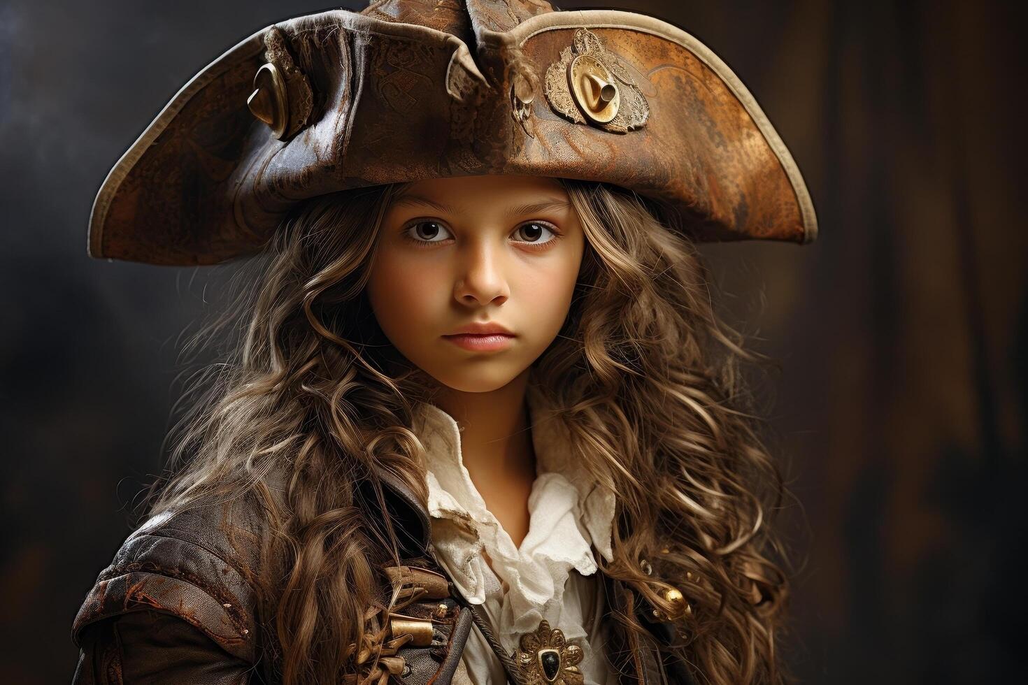 young pirate girl with curly hair and serious expression photo