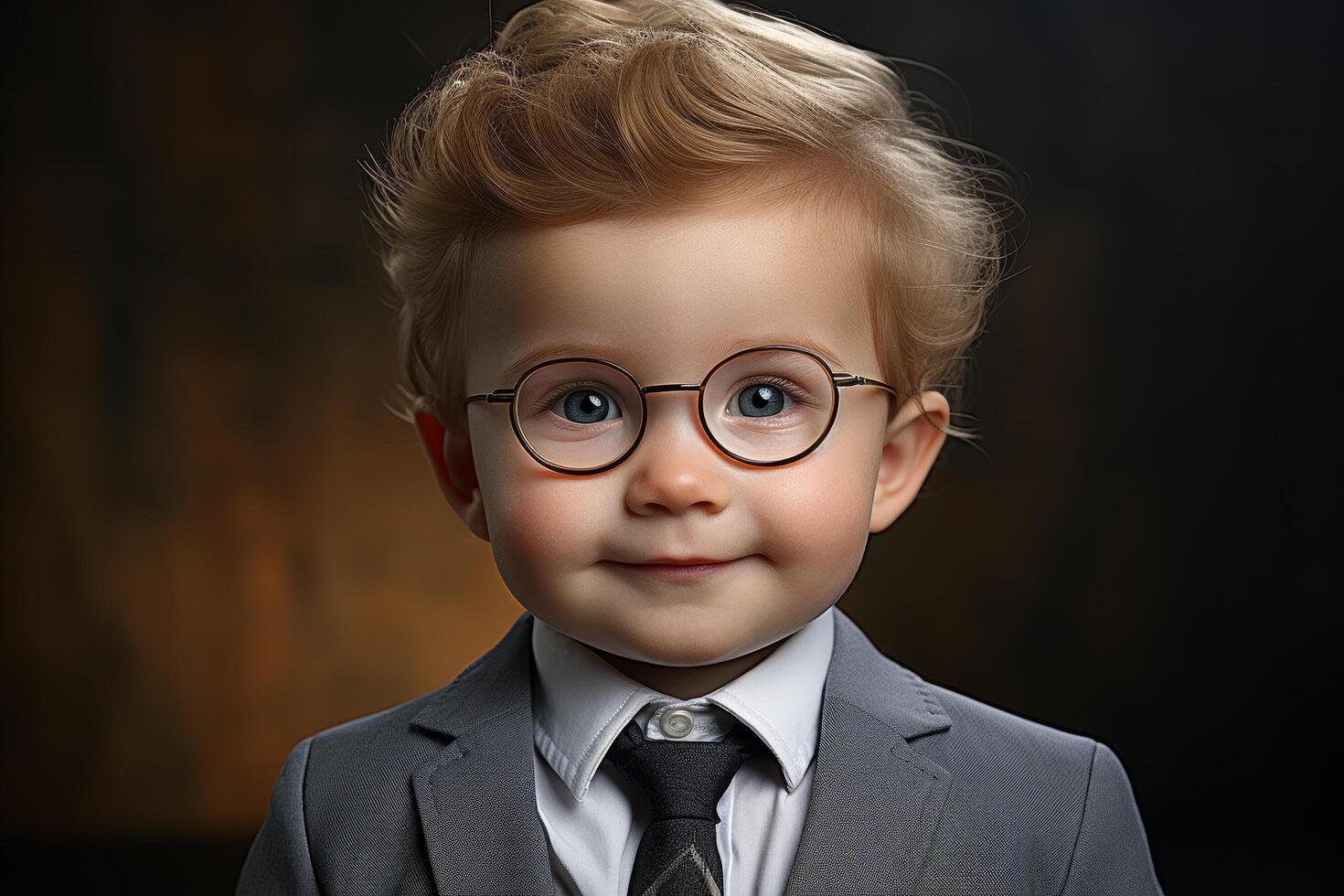 Adorable young boy in suit and glasses photo