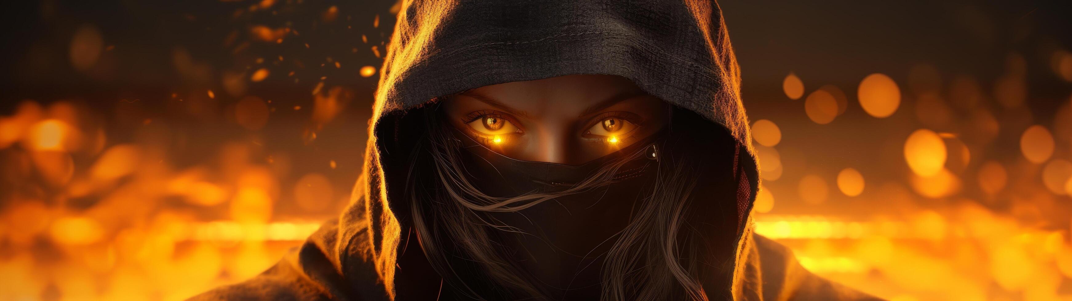 mysterious hooded figure with glowing eyes photo