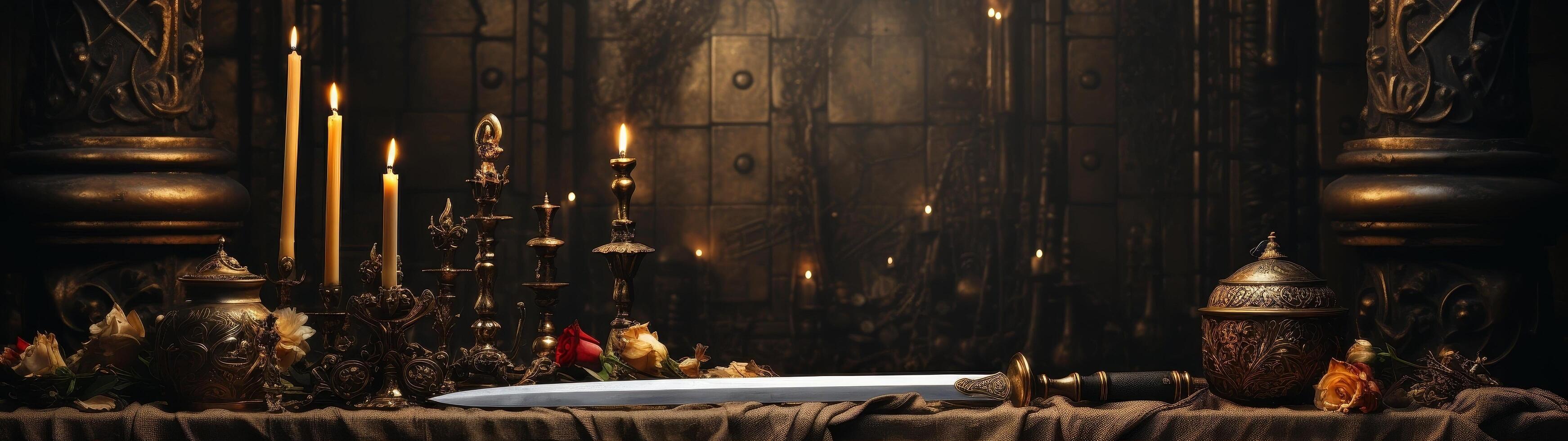 Mysterious and enchanting still life with candles, flowers, and antique objects photo