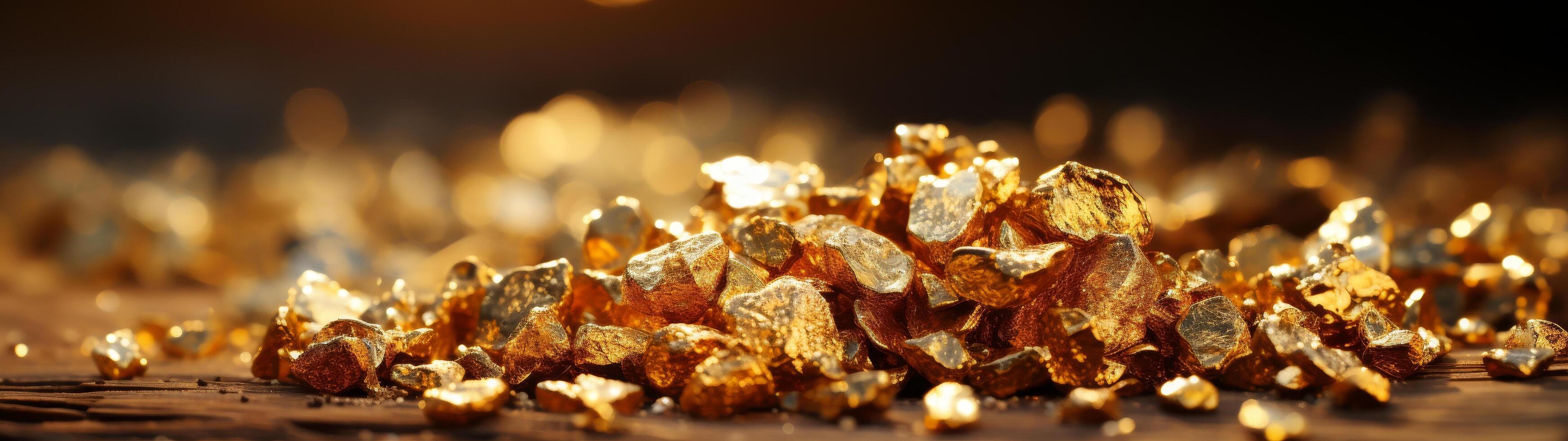 Sparkling gold nuggets on dark background photo
