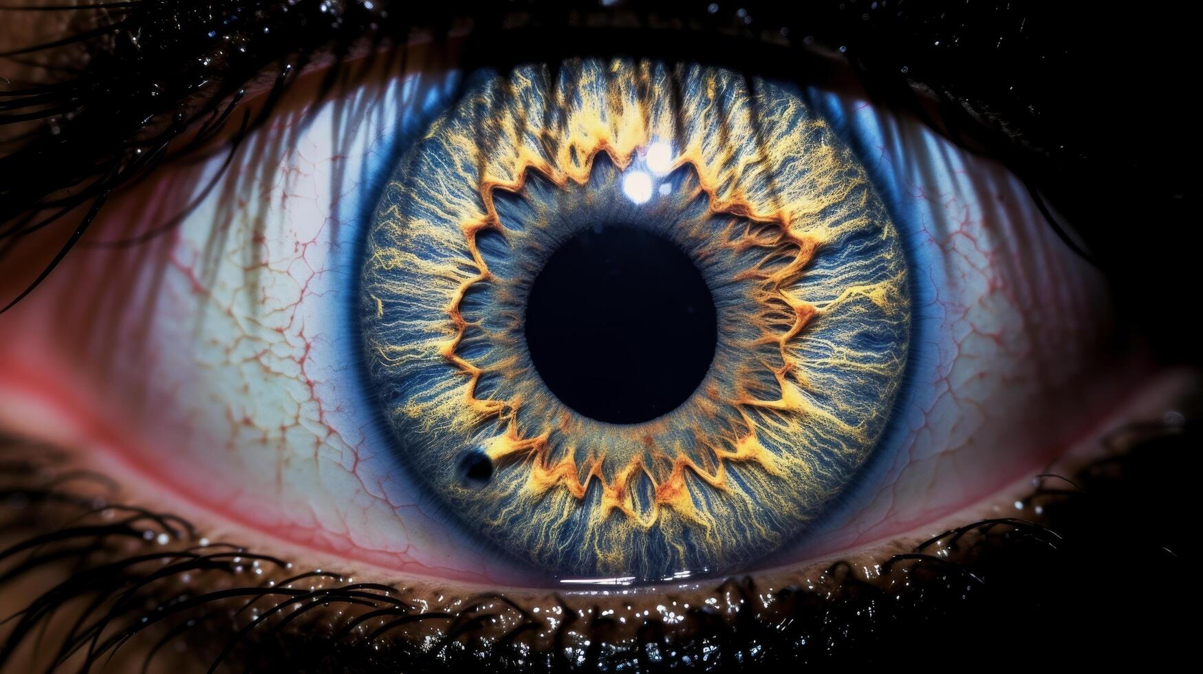 Detailed close up of a vibrant blue and yellow eye photo
