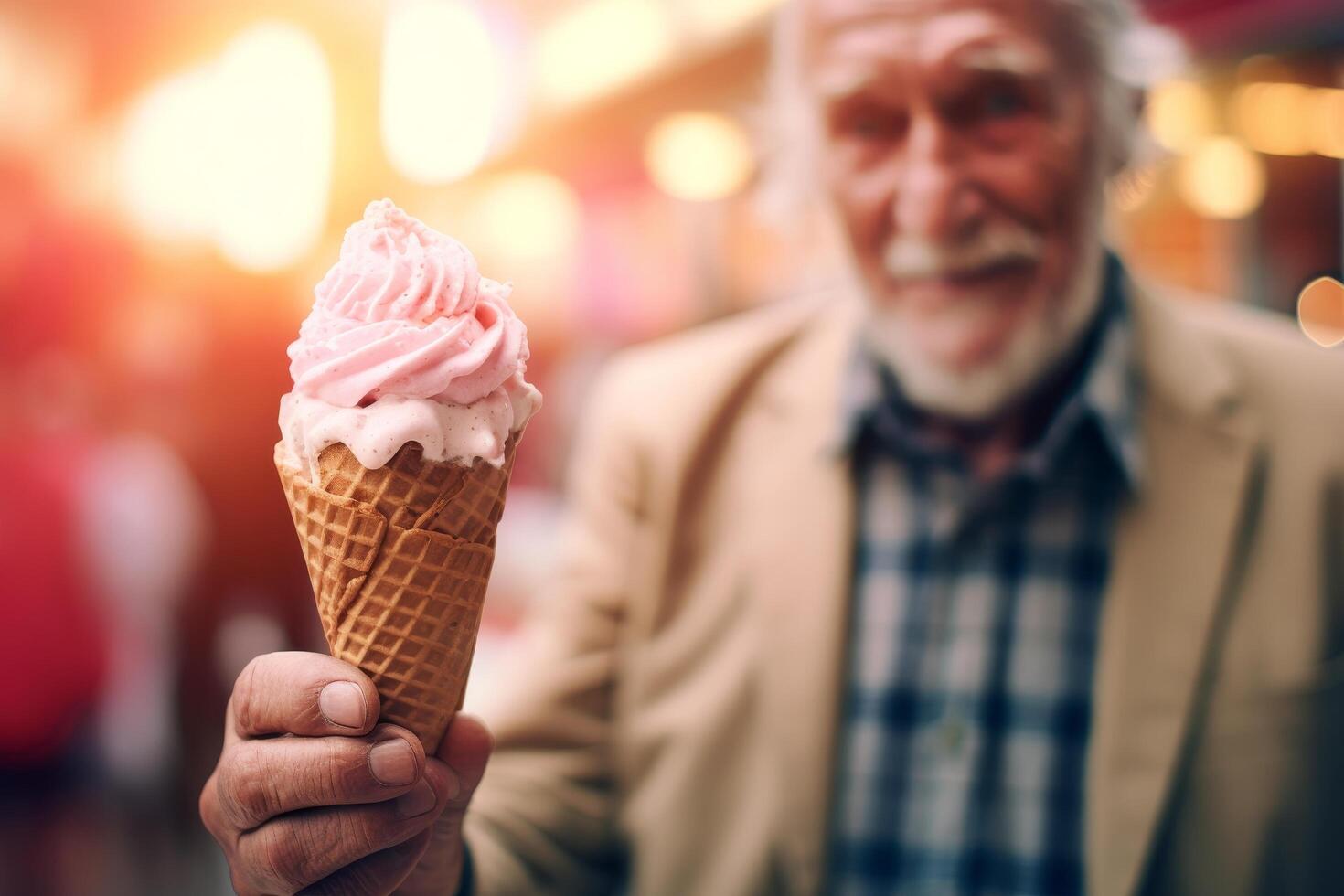 Smiling senior man holding ice cream cone photo