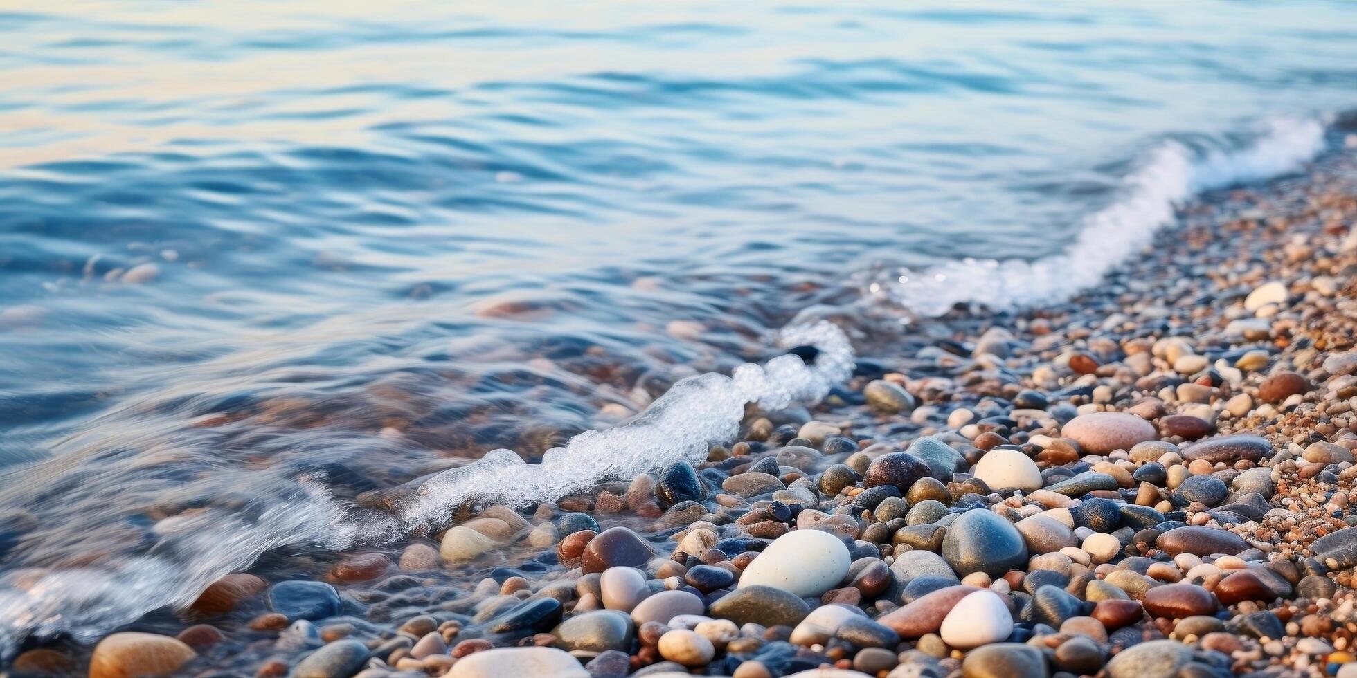 Peaceful shore with waves lapping against pebbles photo