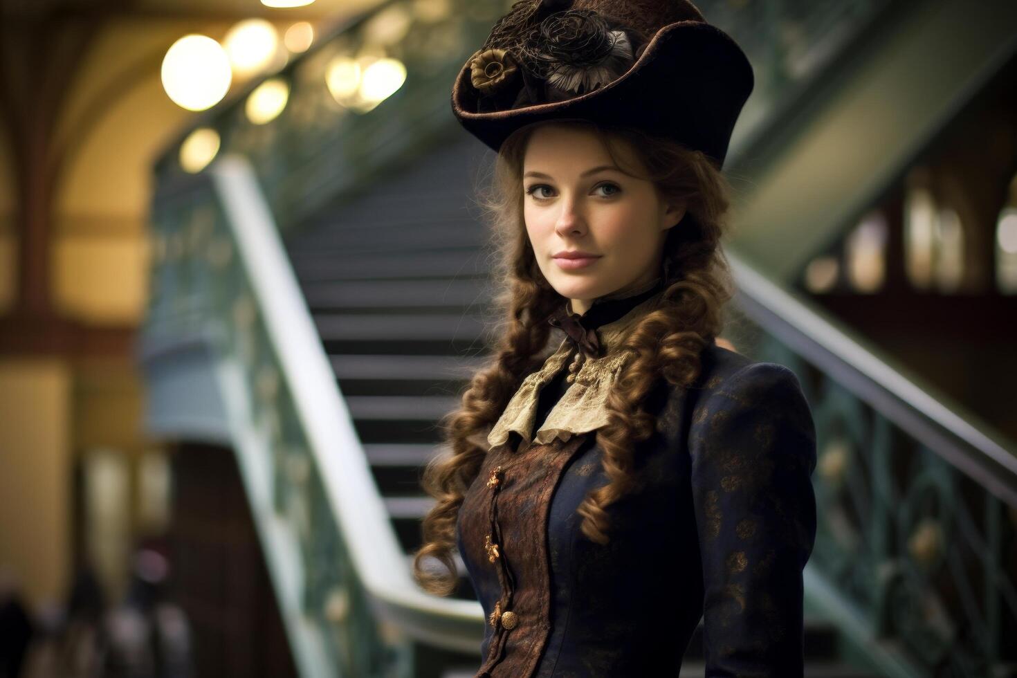 woman in victorian era costume on stairs photo