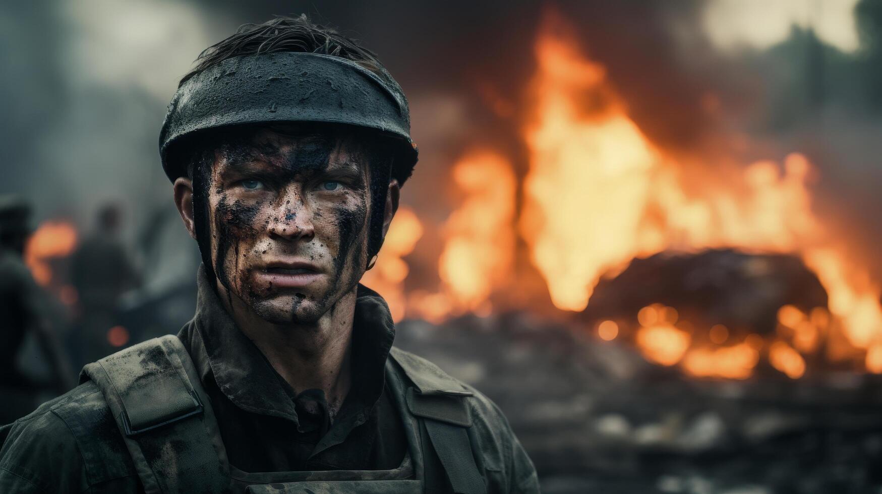 soldier in war zone with burning buildings photo