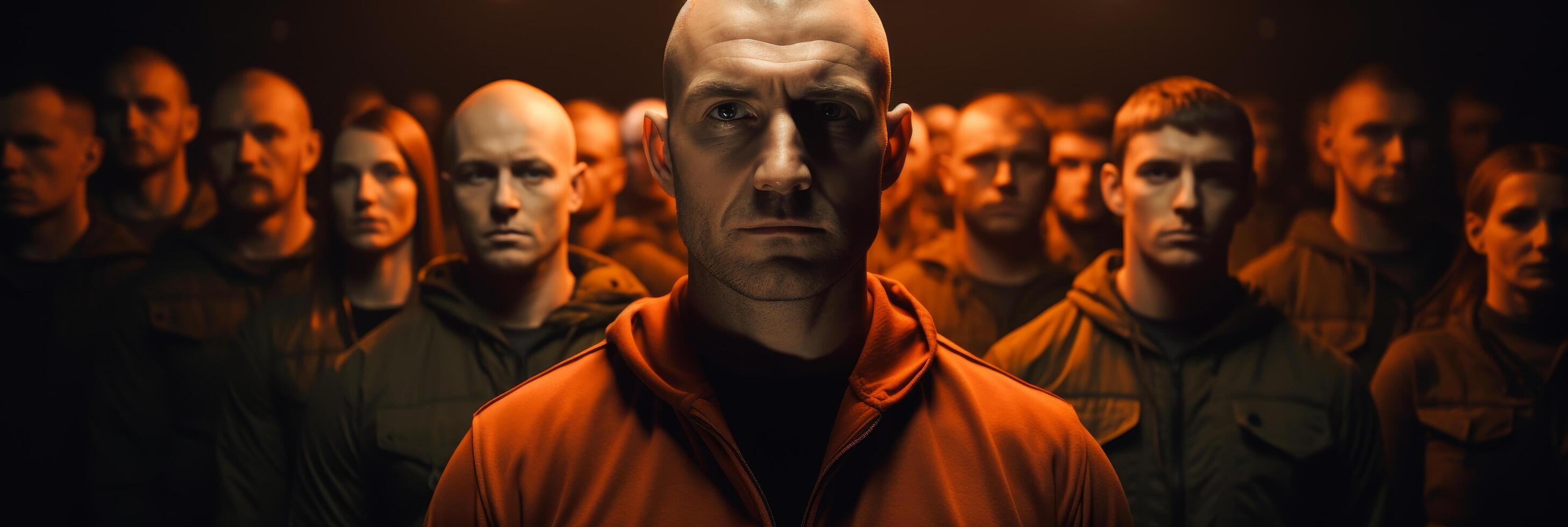 group of men in orange uniforms standing together photo