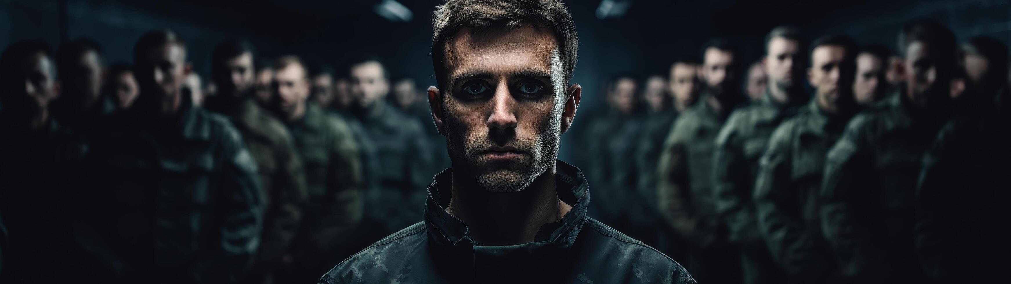 Serious military soldier in uniform leading a group of soldiers photo