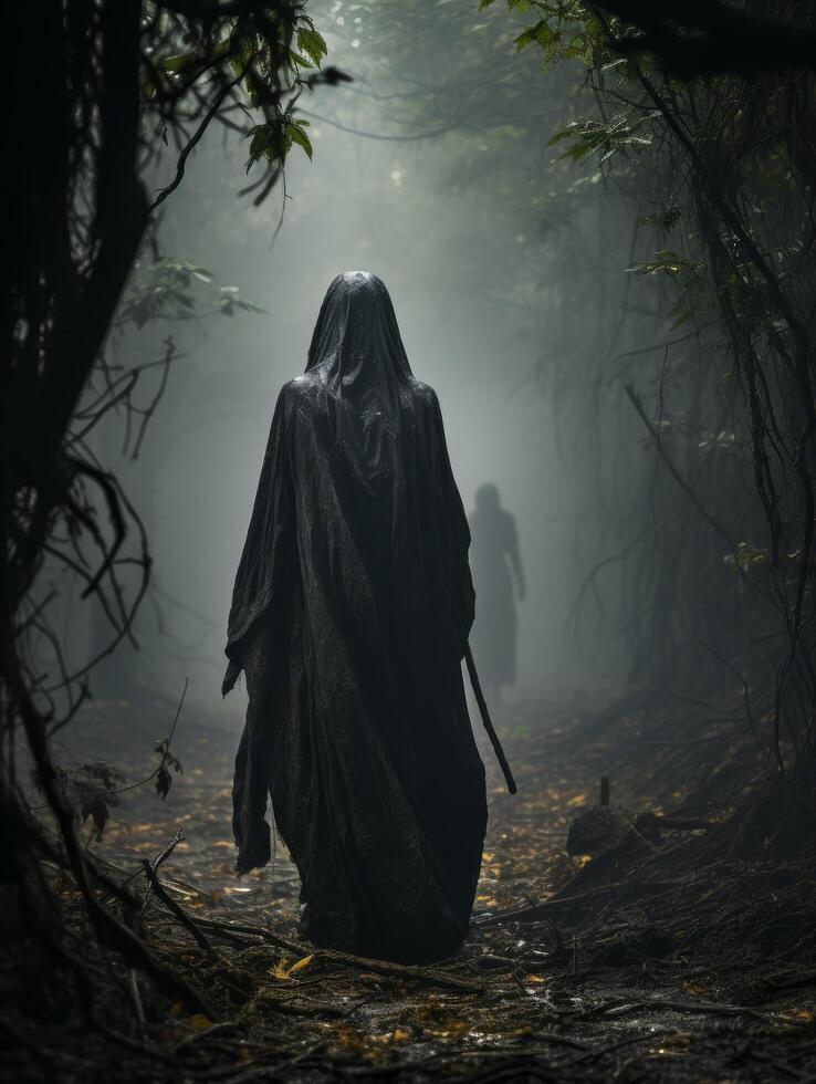 Mysterious hooded figure in dark forest photo