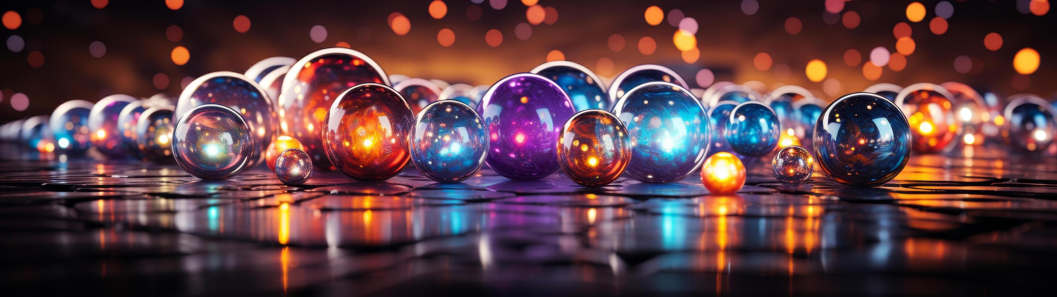 Colorful glass spheres reflecting on a wet surface photo