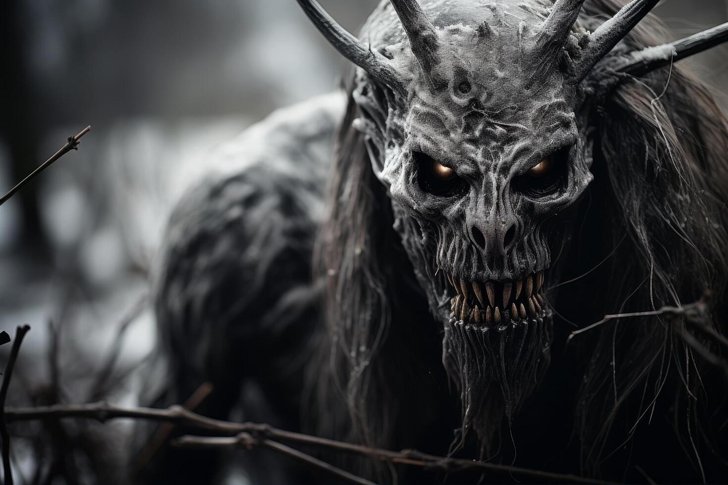 Creepy dark fantasy creature with horns and sharp teeth photo