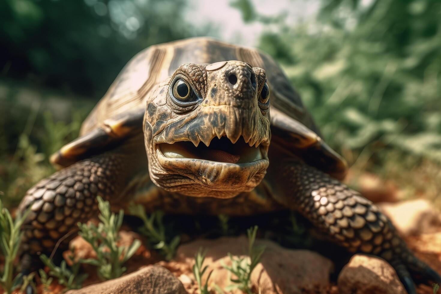 close up of a fierce looking turtle with open mouth photo
