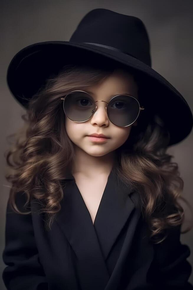 Stylish young girl in black hat and glasses photo