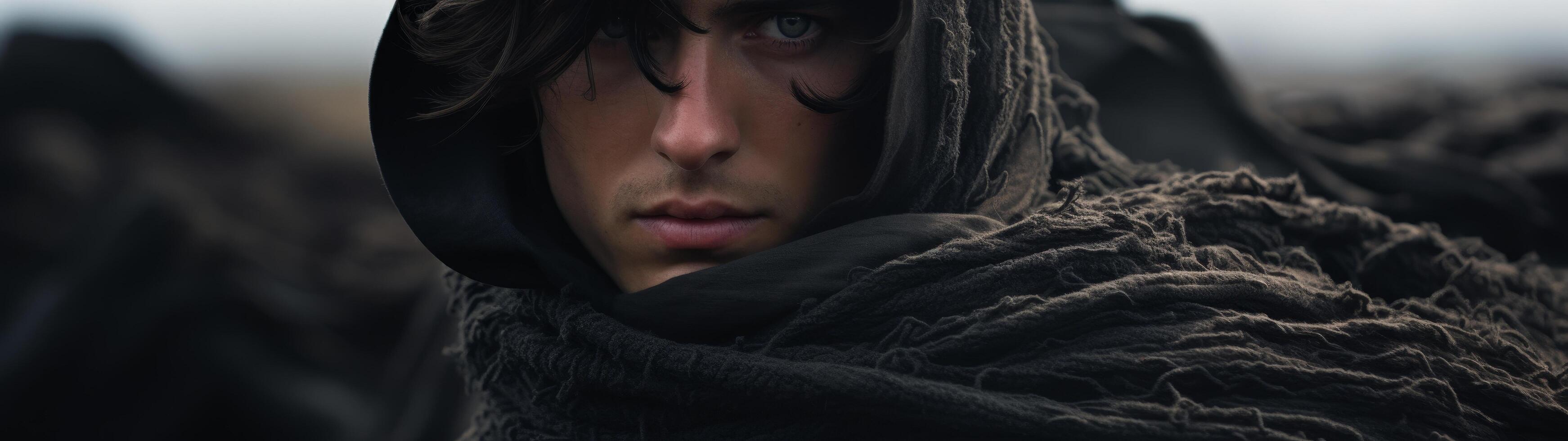Mysterious person in dark hooded cloak photo