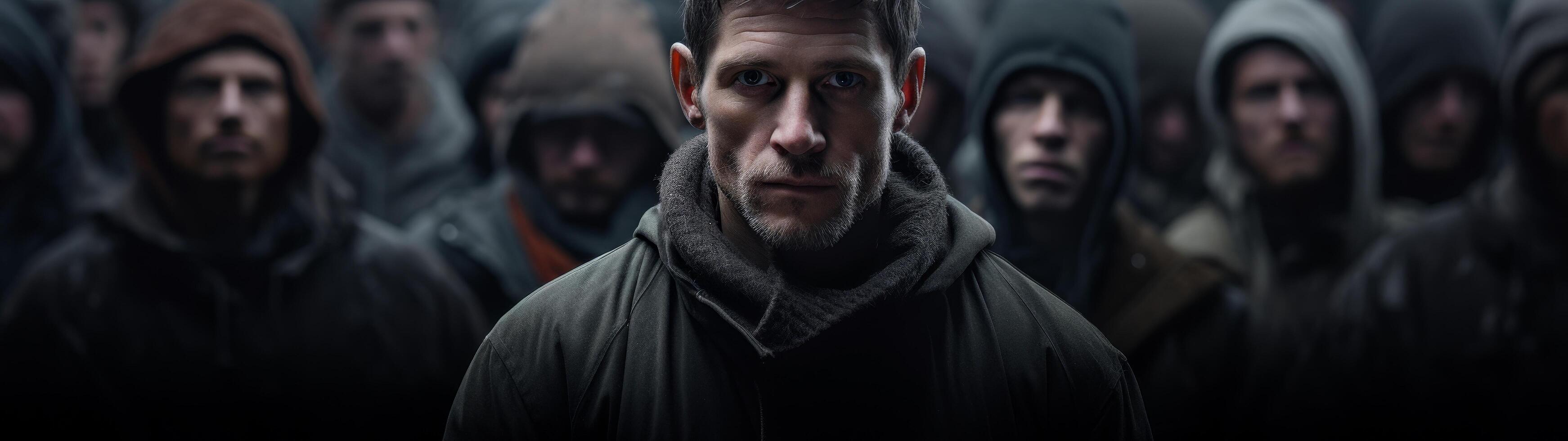Serious man in dark winter coat surrounded by crowd photo