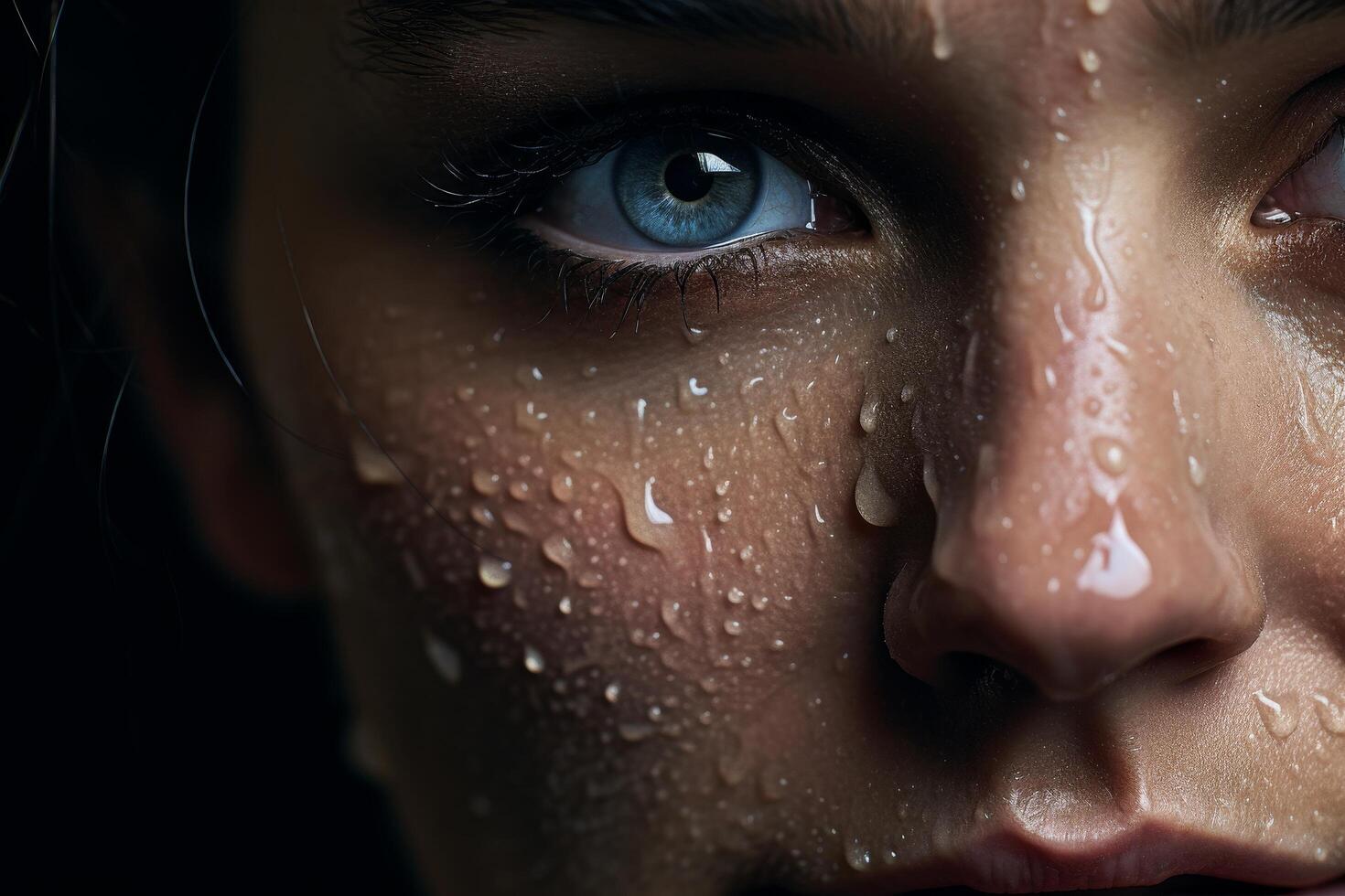 Closeup of a persons face with water droplets photo