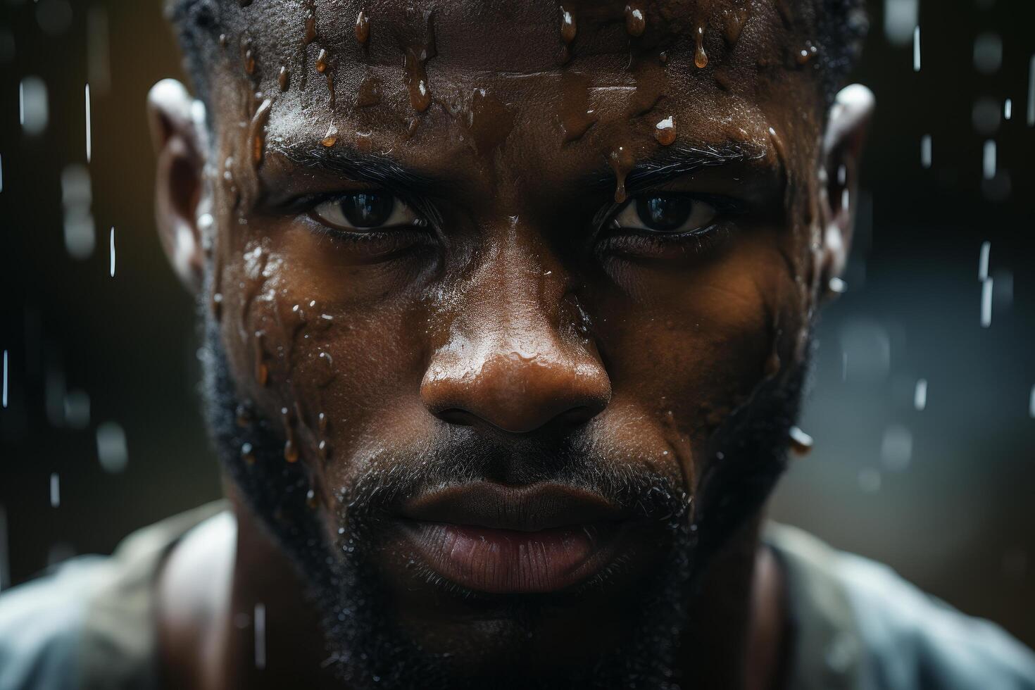 Close up portrait of a determined man with wet face photo