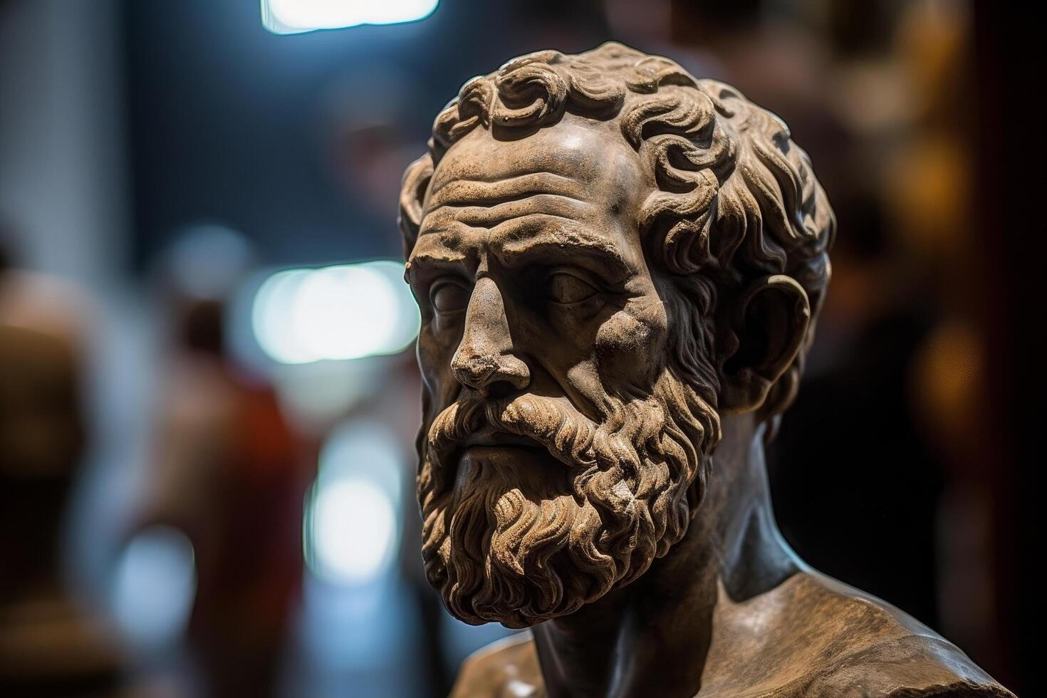 ancient greek statue head with curly hair and beard photo