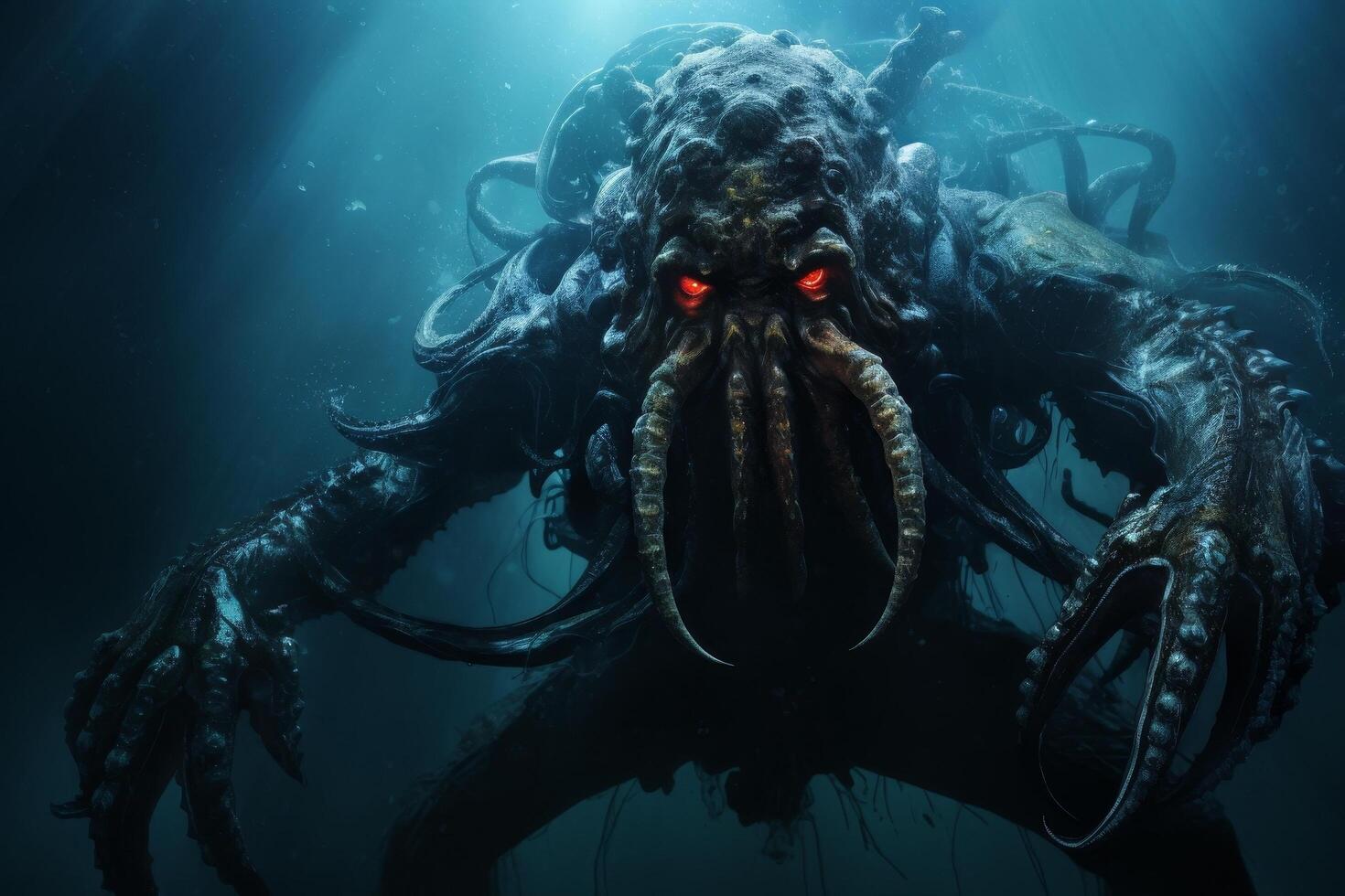 Terrifying underwater creature with glowing red eyes photo