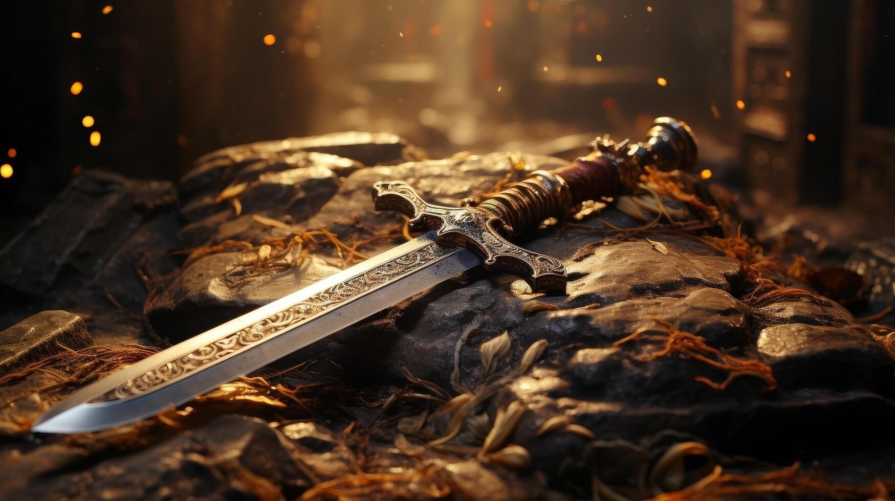 Ornate Sword Resting on Leaves photo