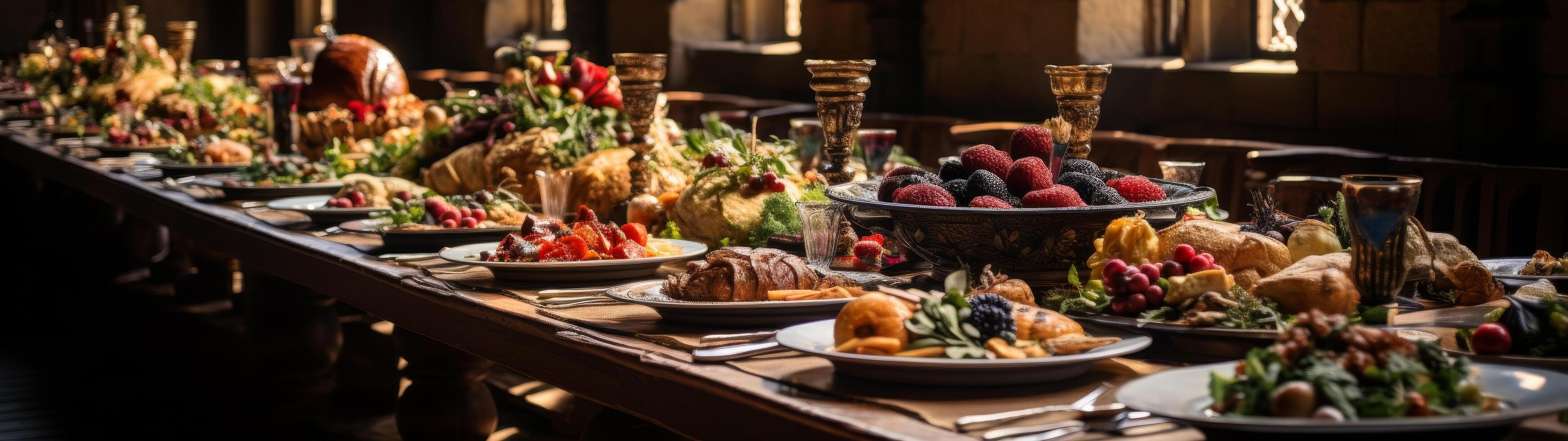 Elegant holiday table setting with festive dishes and drinks photo