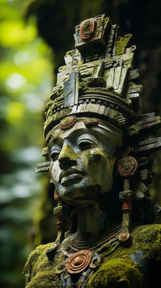Weathered ancient stone sculpture in lush forest photo