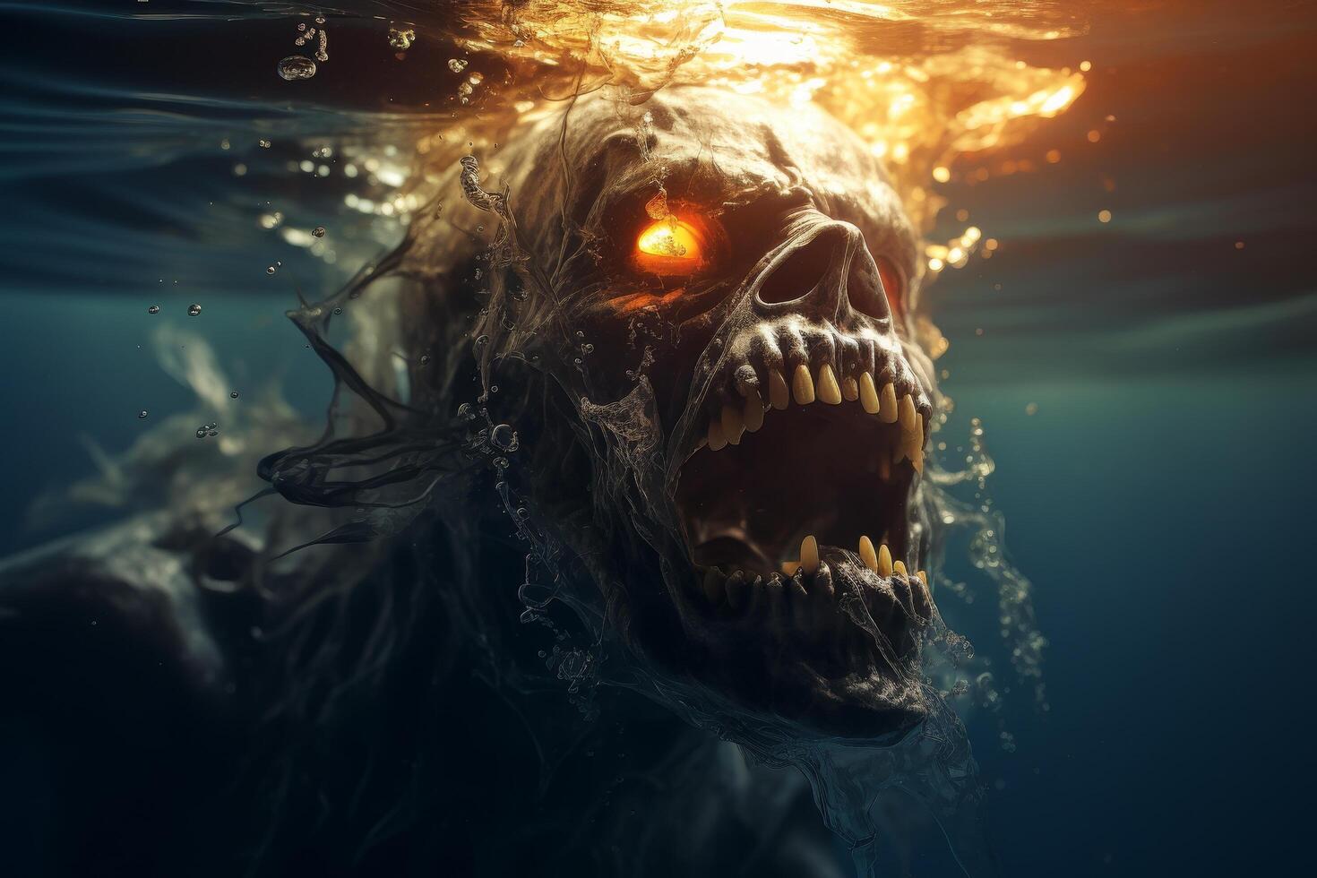 Terrifying underwater creature with glowing eyes and sharp teeth photo