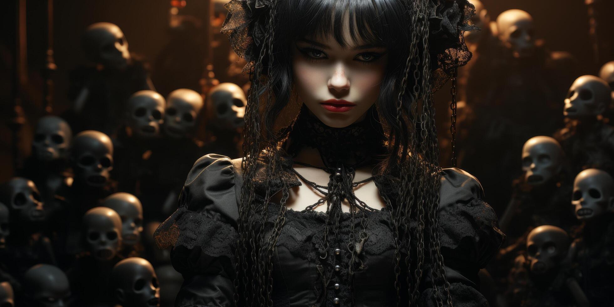 dark gothic fantasy woman with skulls photo