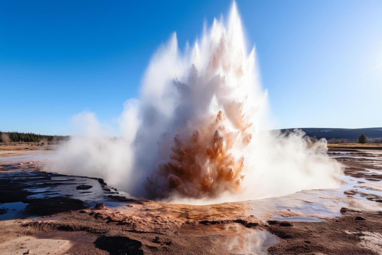 Dramatic eruption of a geyser in a natural landscape photo
