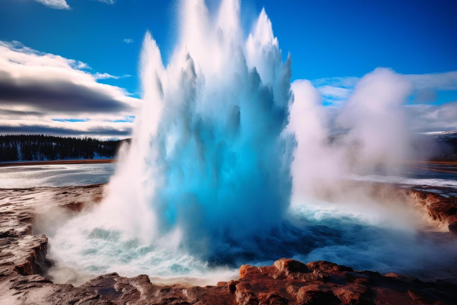 Powerful geyser eruption in natural landscape photo