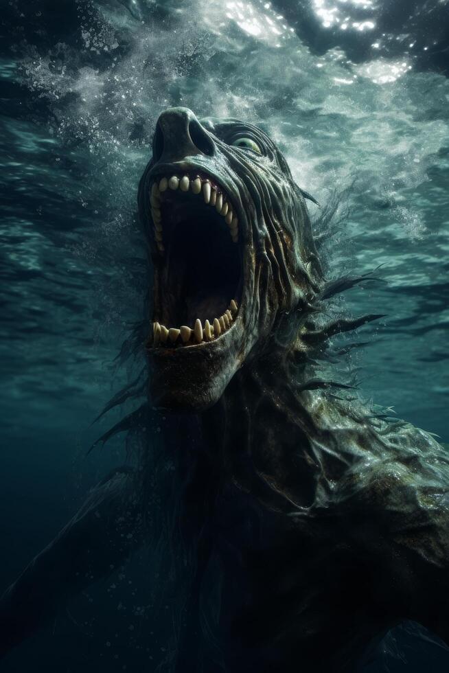 Ferocious sea creature with sharp teeth emerging from the depths photo
