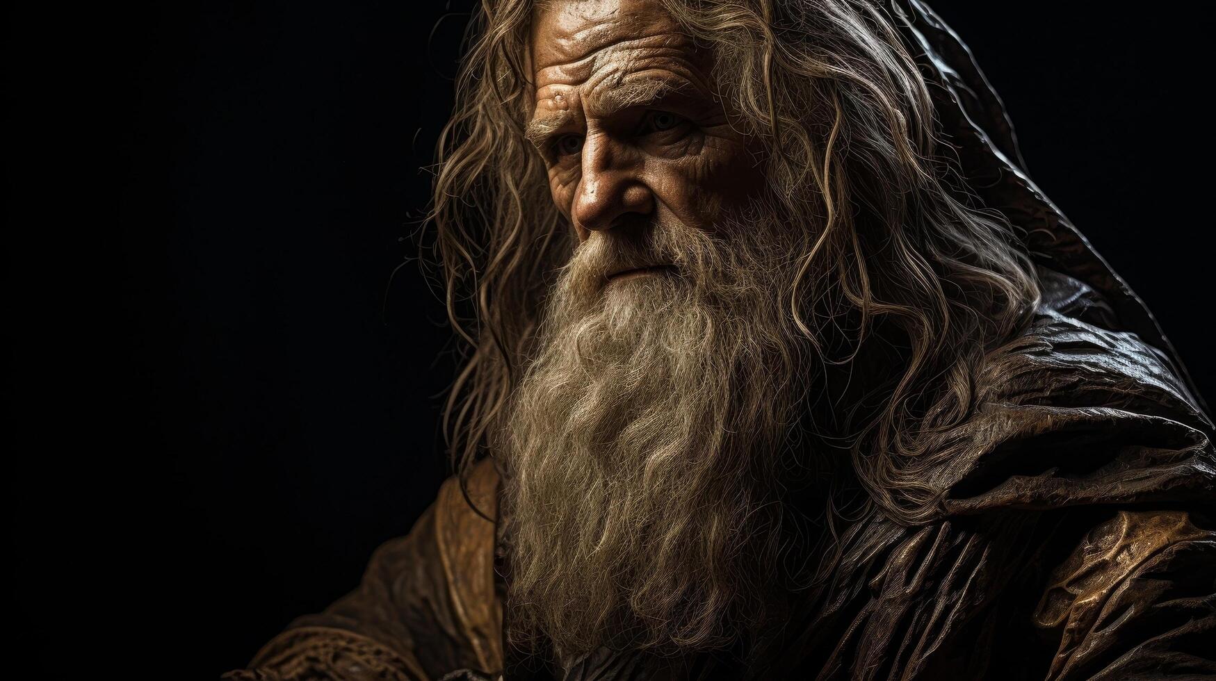 Mysterious old man with long beard and flowing hair photo
