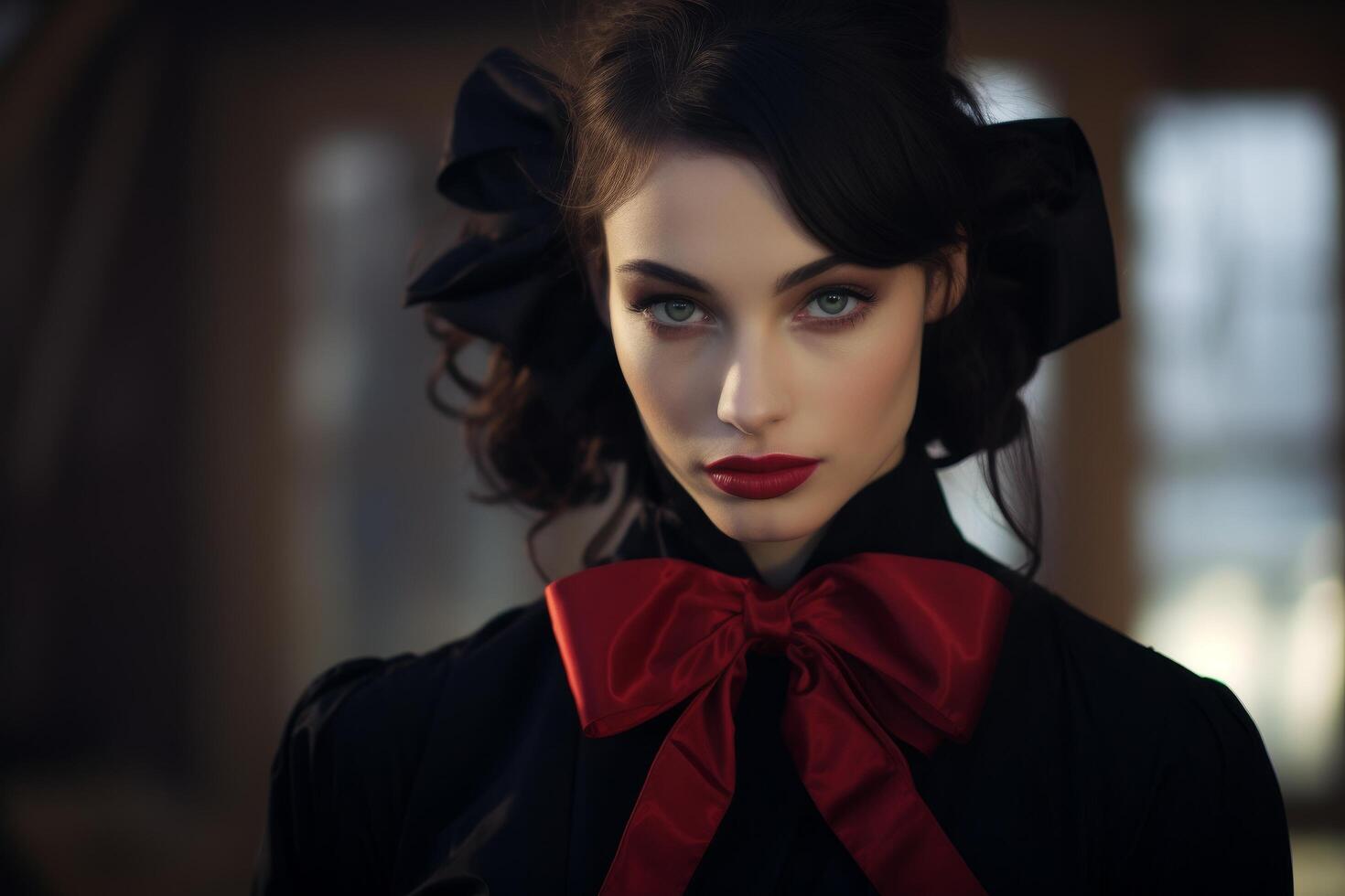 Elegant woman in black dress with red bow photo