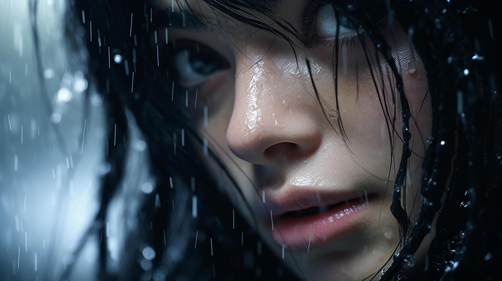 Rainy day portrait of a thoughtful young woman photo
