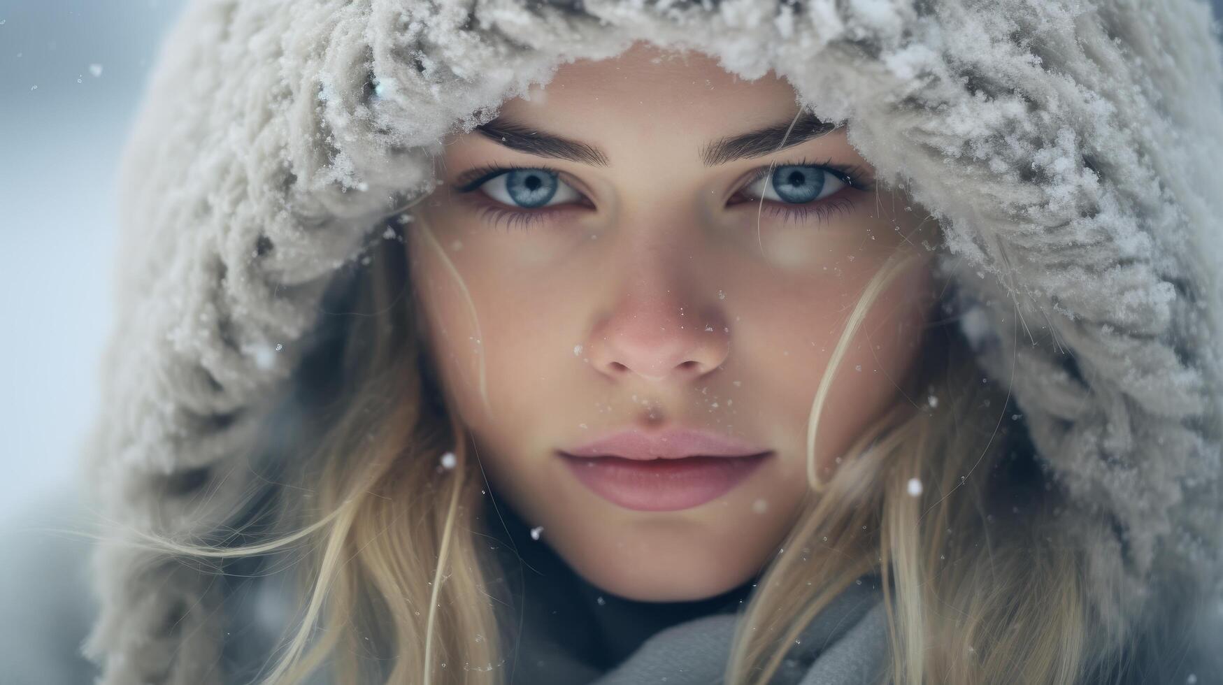 Captivating winter portrait of a woman with striking blue eyes photo