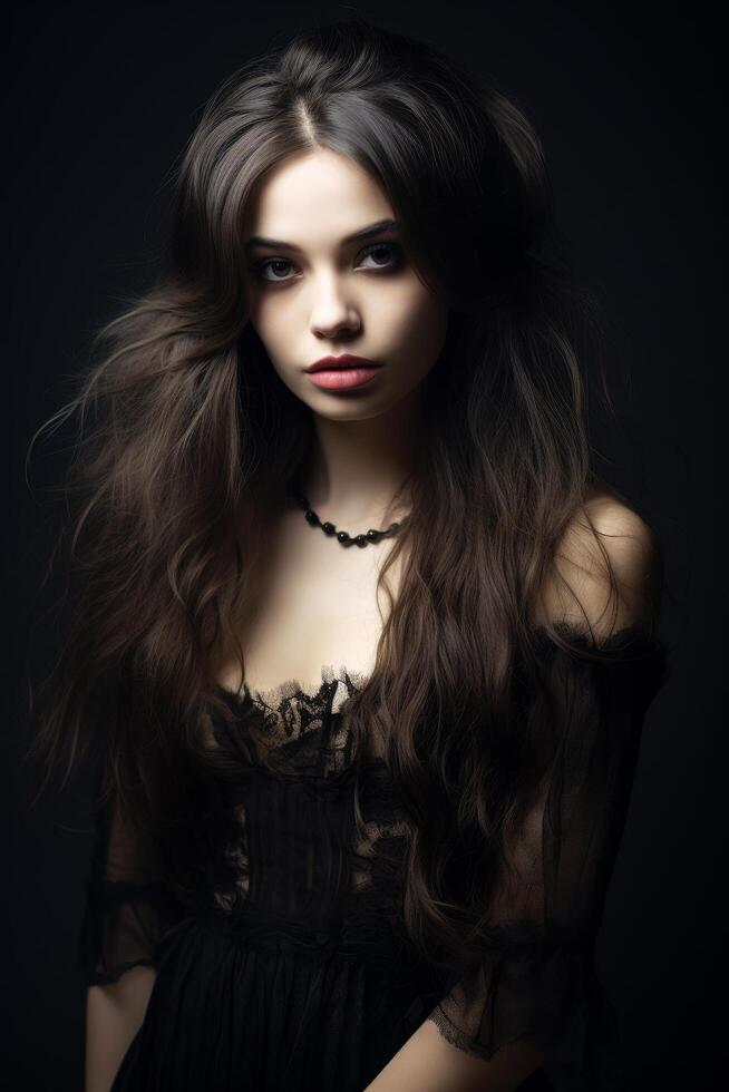 Mysterious woman with dark hair and red lips photo