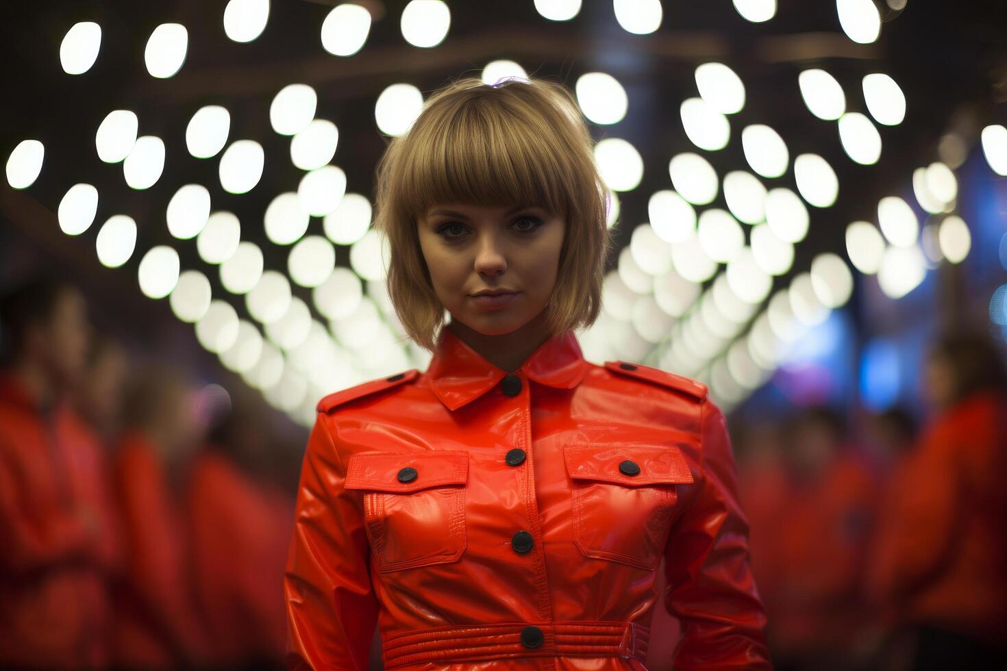 woman in red jacket standing in front of lights photo