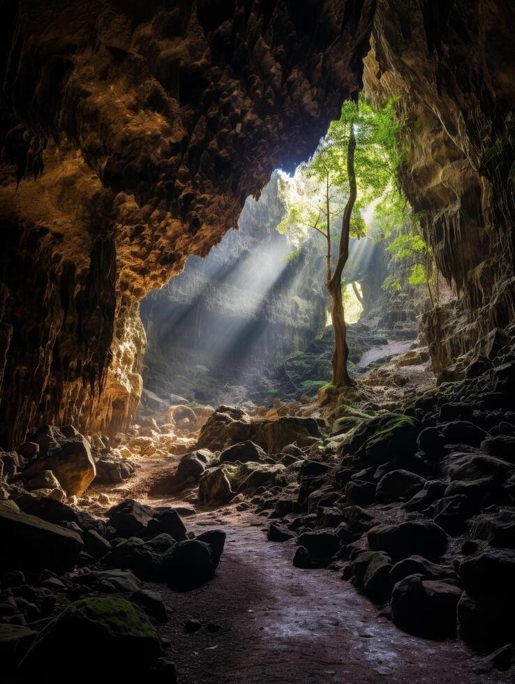Enchanting cave with sunlight streaming through photo