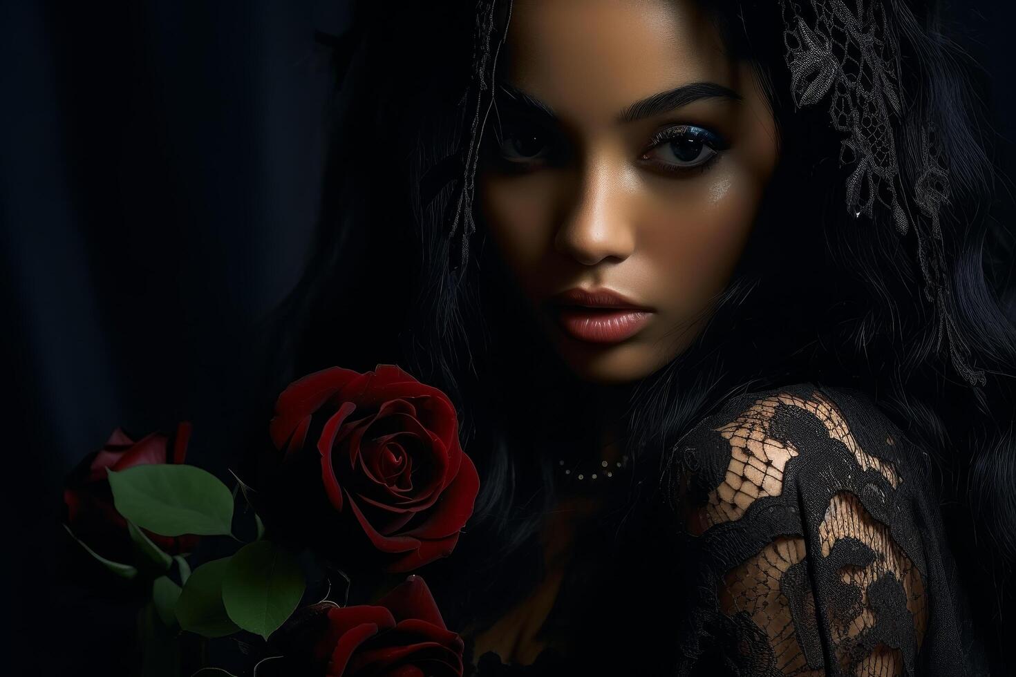mysterious woman in black lace with red rose photo