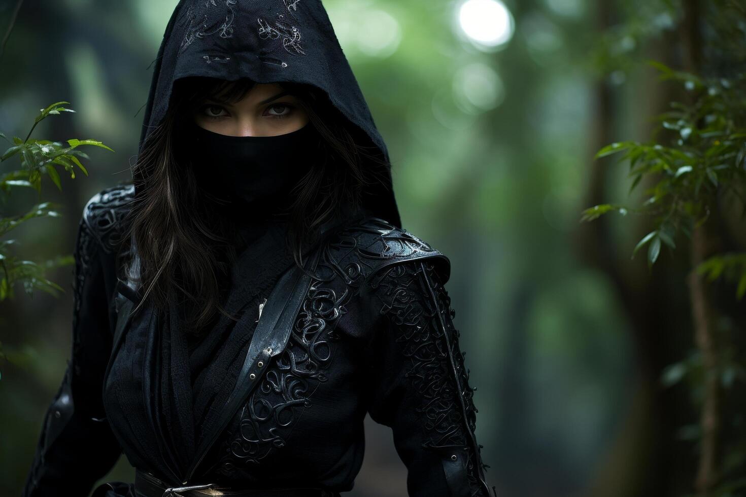 mysterious hooded figure in dark forest photo