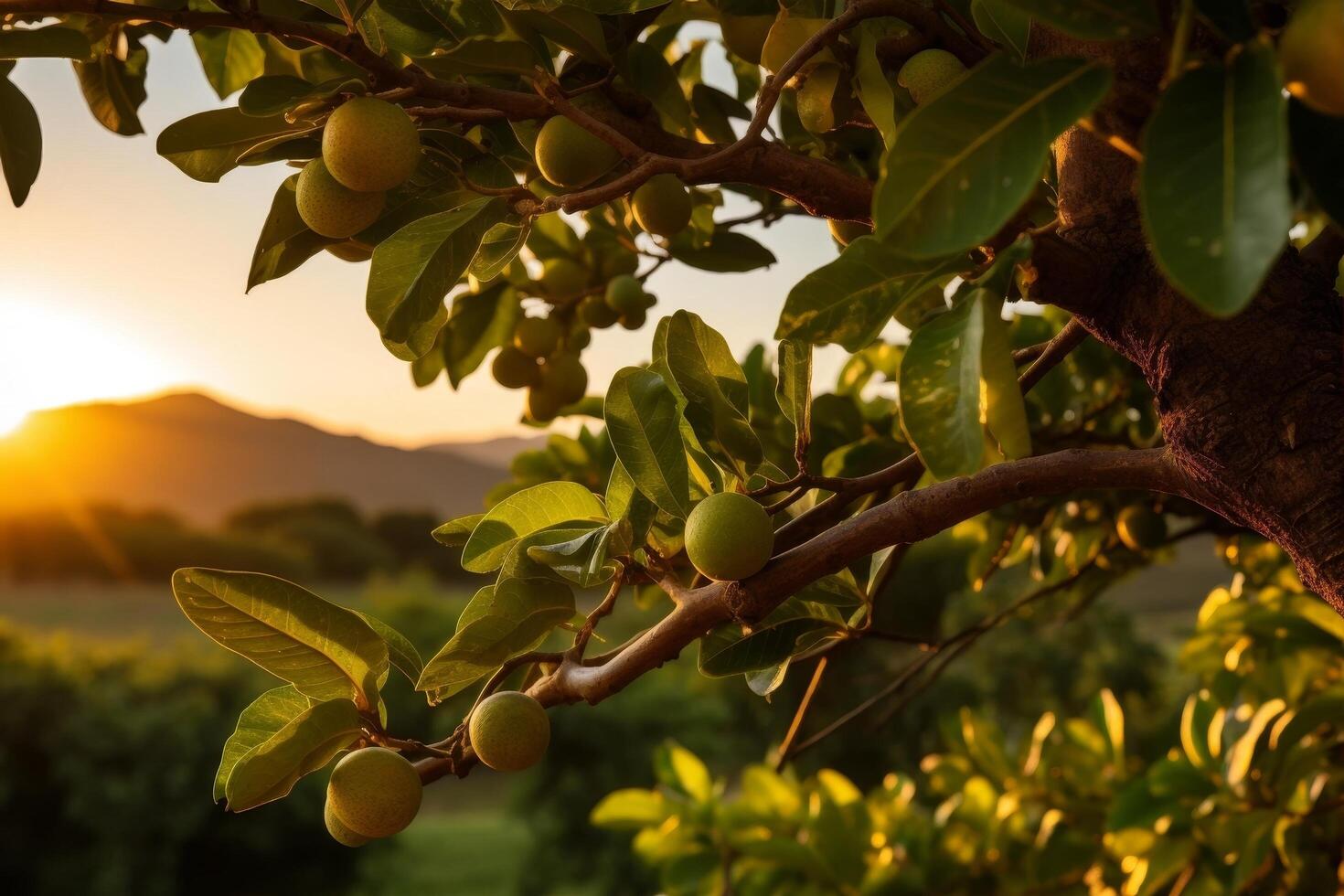 Ripe apples on a tree at sunset photo