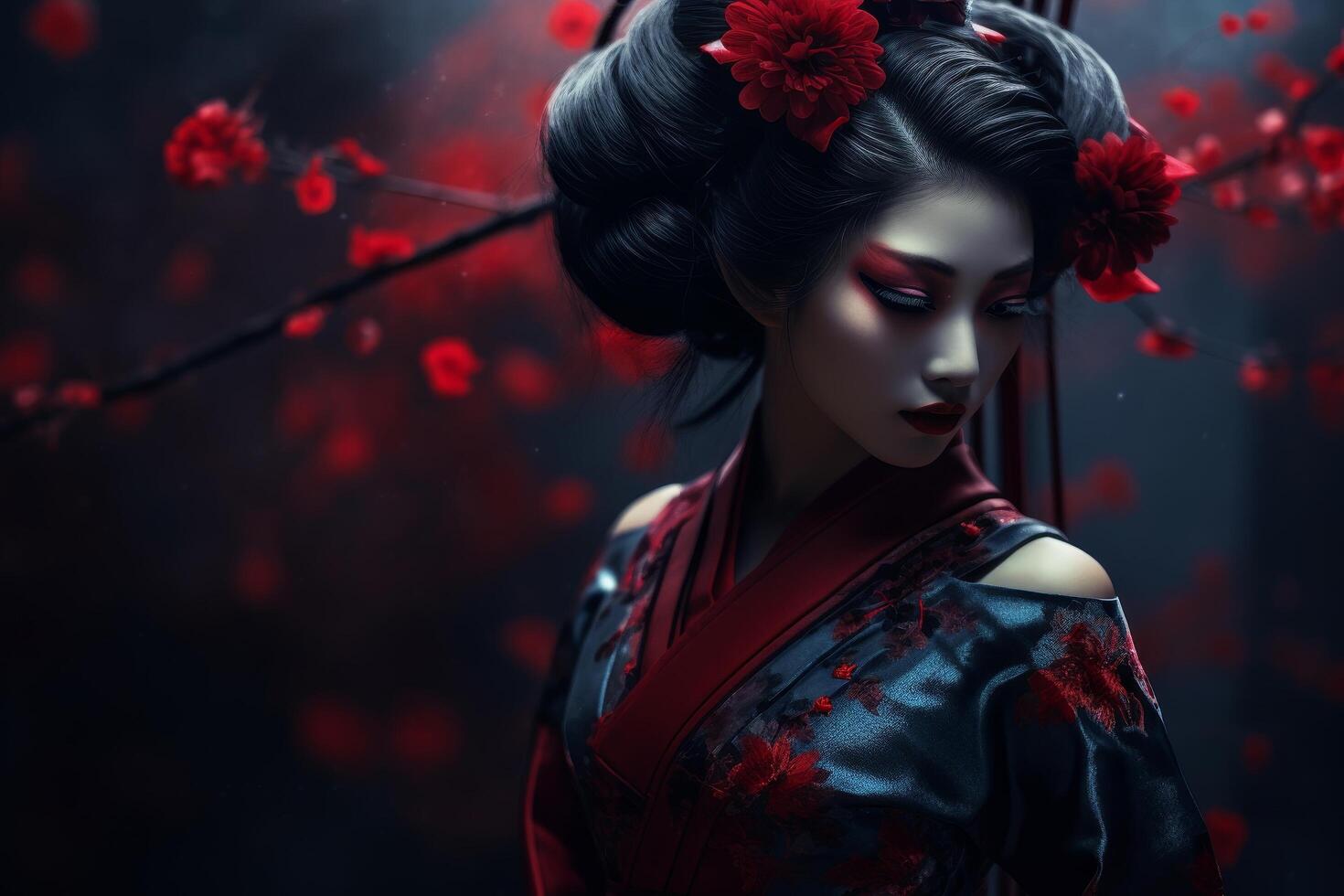 Mysterious geisha in traditional red kimono with flowers photo