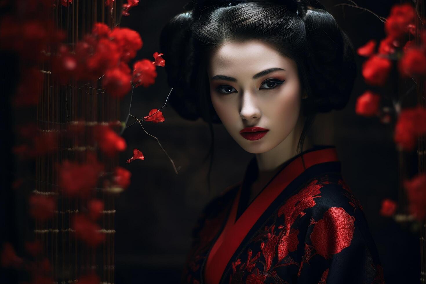 mysterious asian woman in red kimono photo