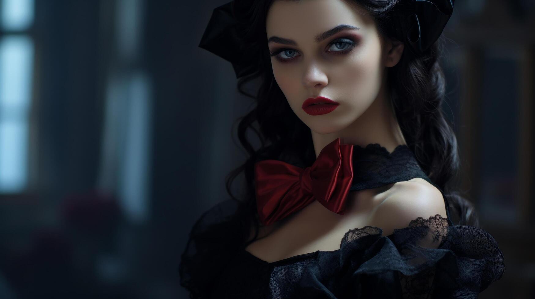 Mysterious woman in dark attire with bold makeup photo