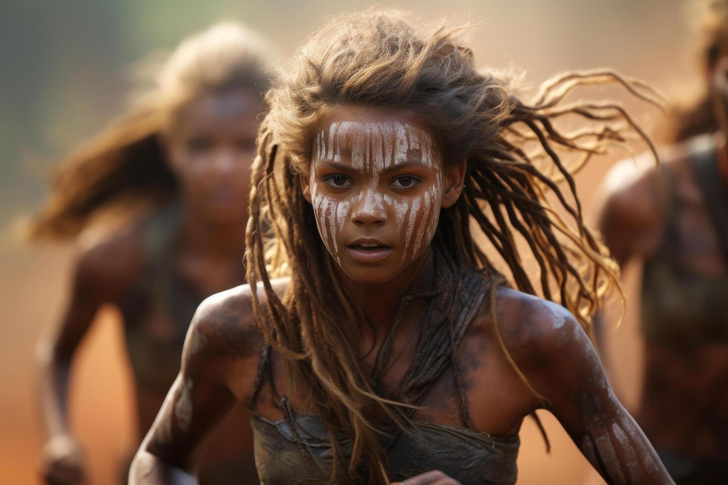 Tribal warrior with face paint and dreadlocks photo