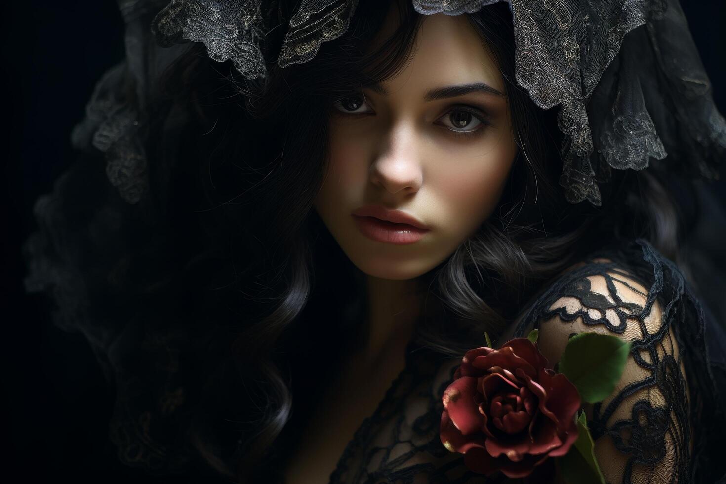 Mysterious woman in black lace veil holding red rose photo