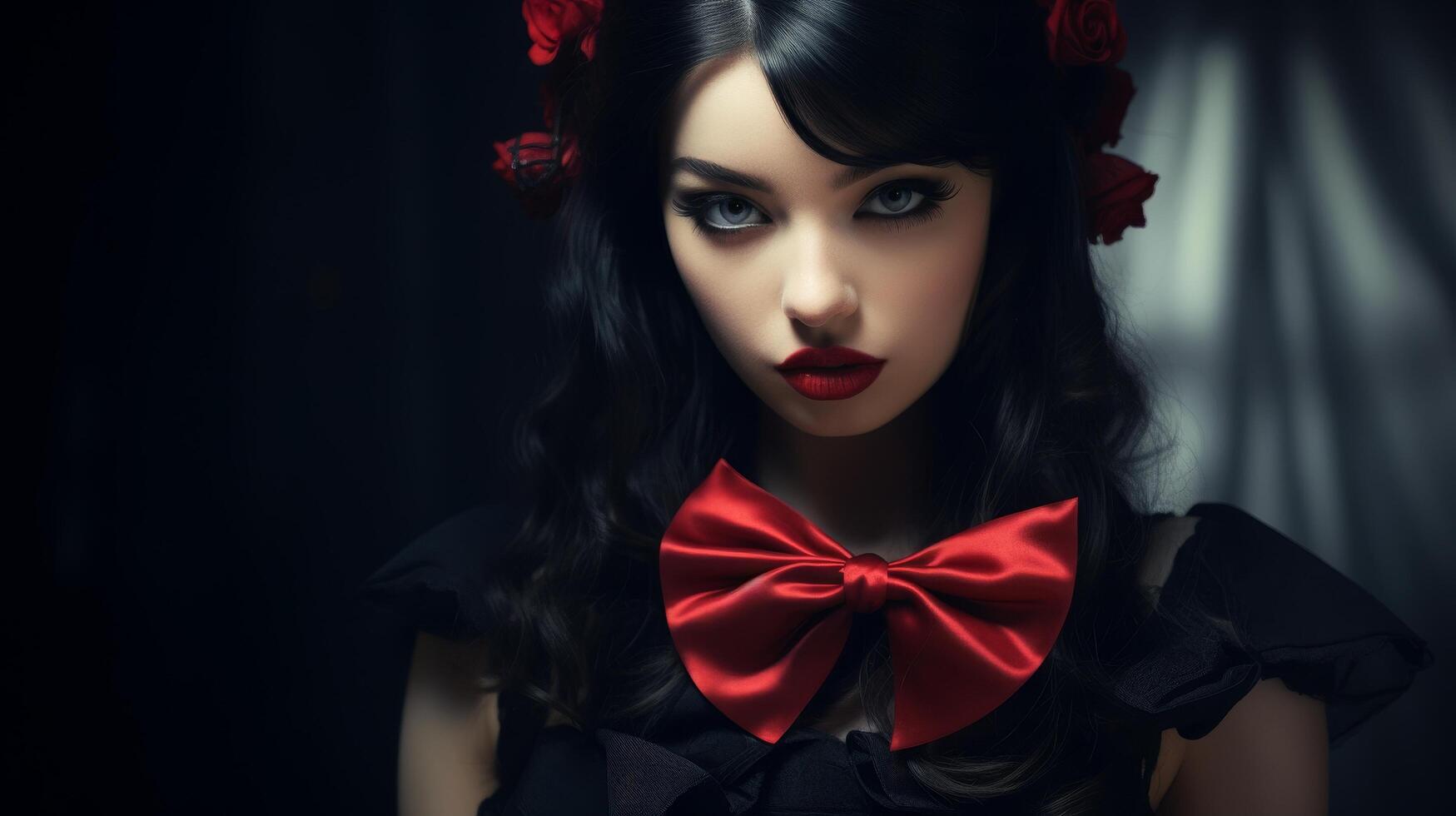 mysterious woman with dark hair and red bow photo