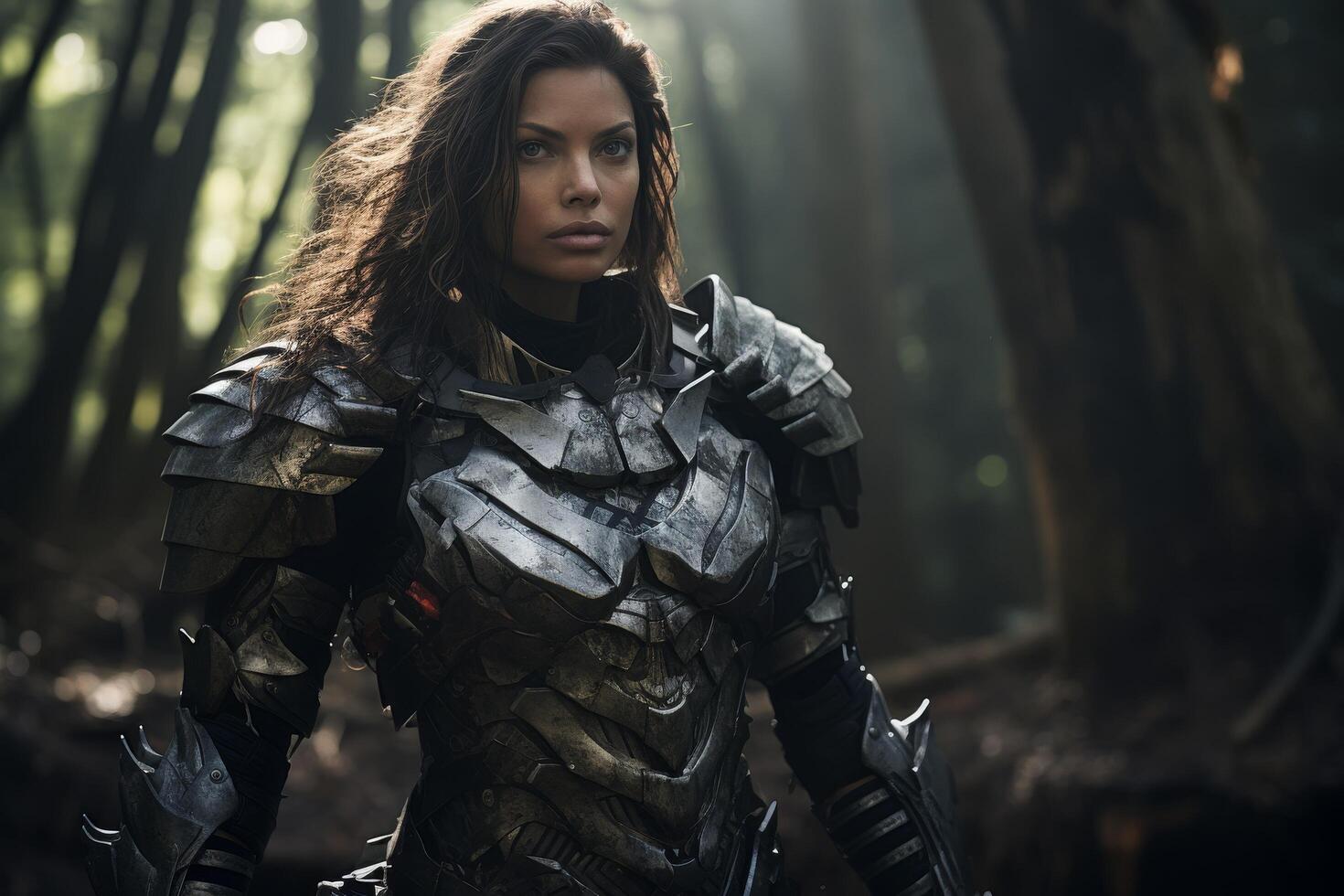 Futuristic warrior in dark forest photo