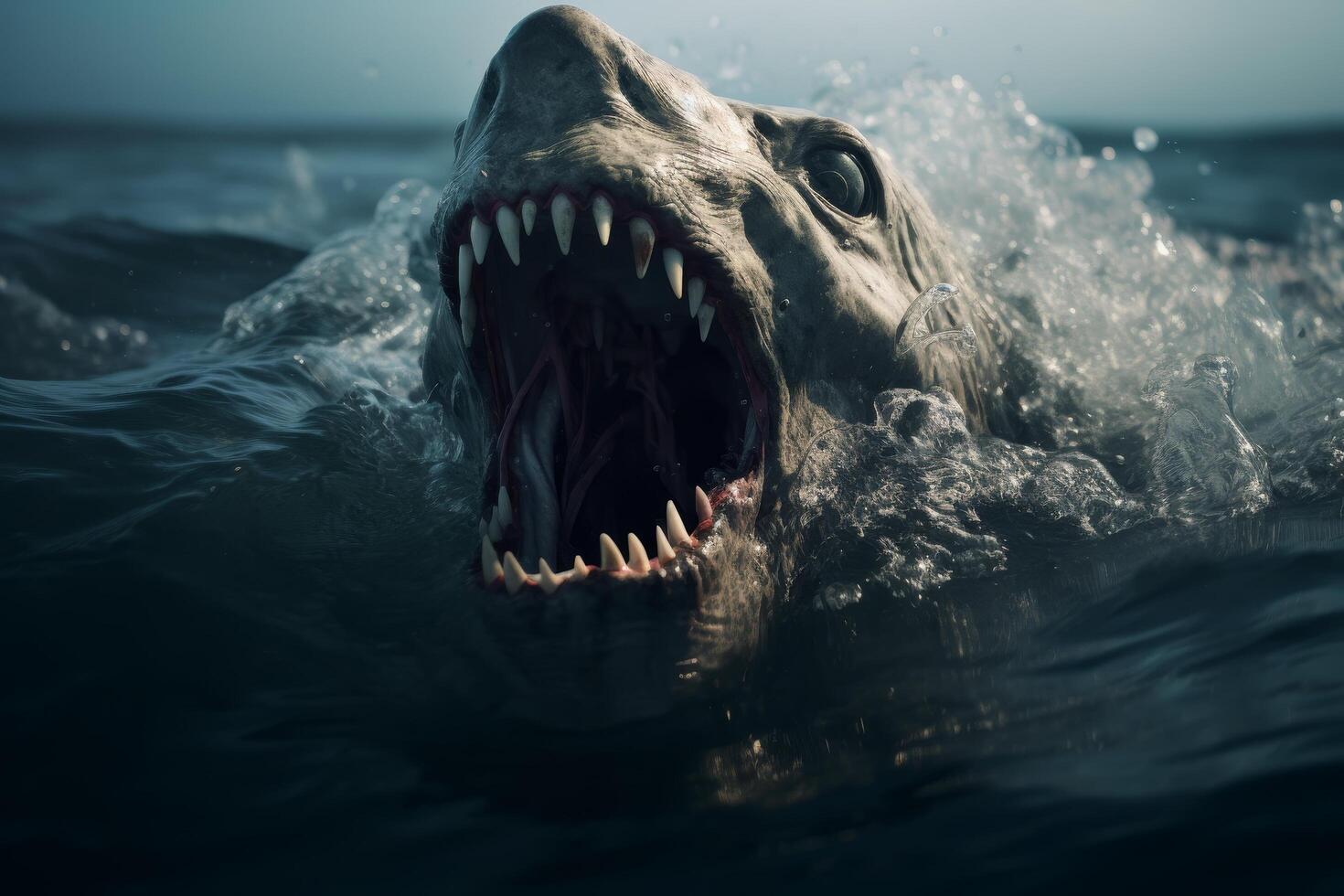 Ferocious shark with open mouth emerging from the ocean photo
