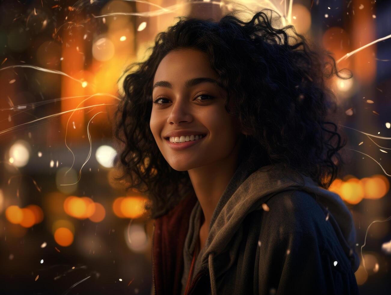 Smiling woman with curly hair in front of fireworks photo